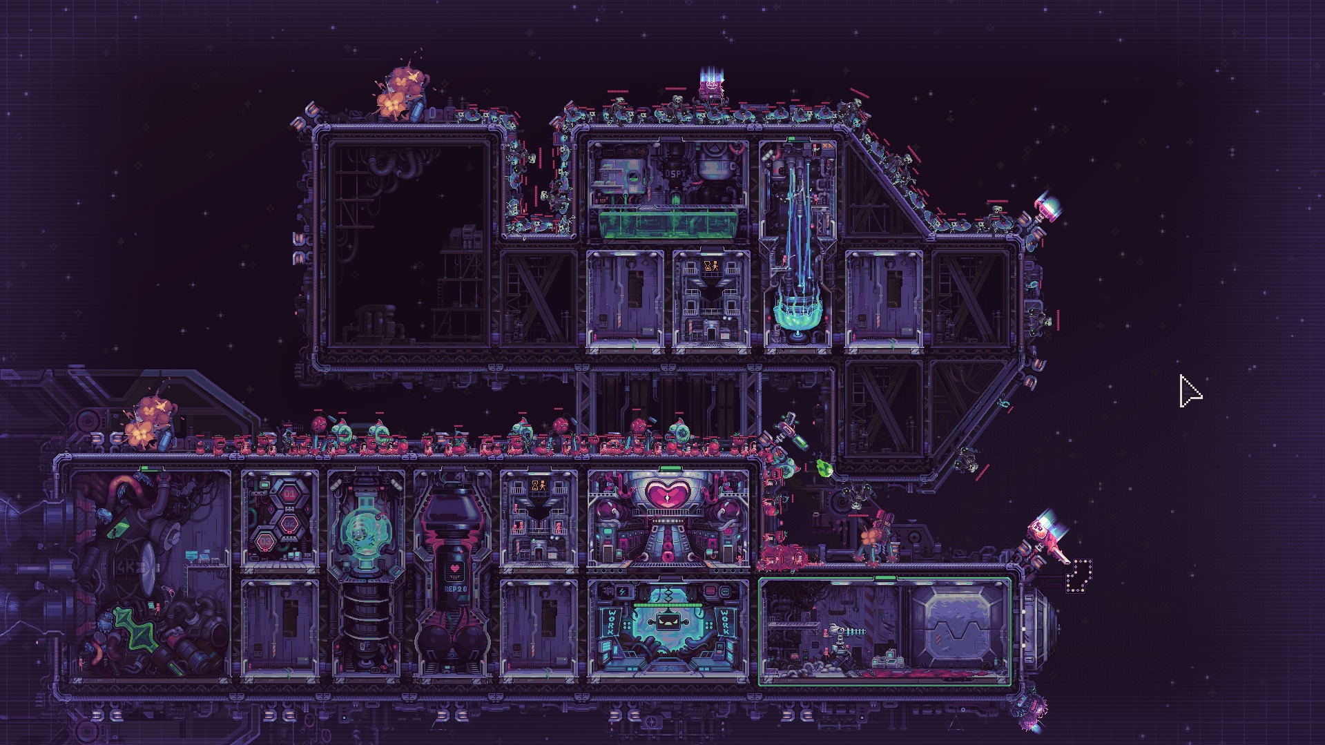 Hull Rupture’s purple pixel-art ship cross-section, with production modules inside and turrets defending the hull